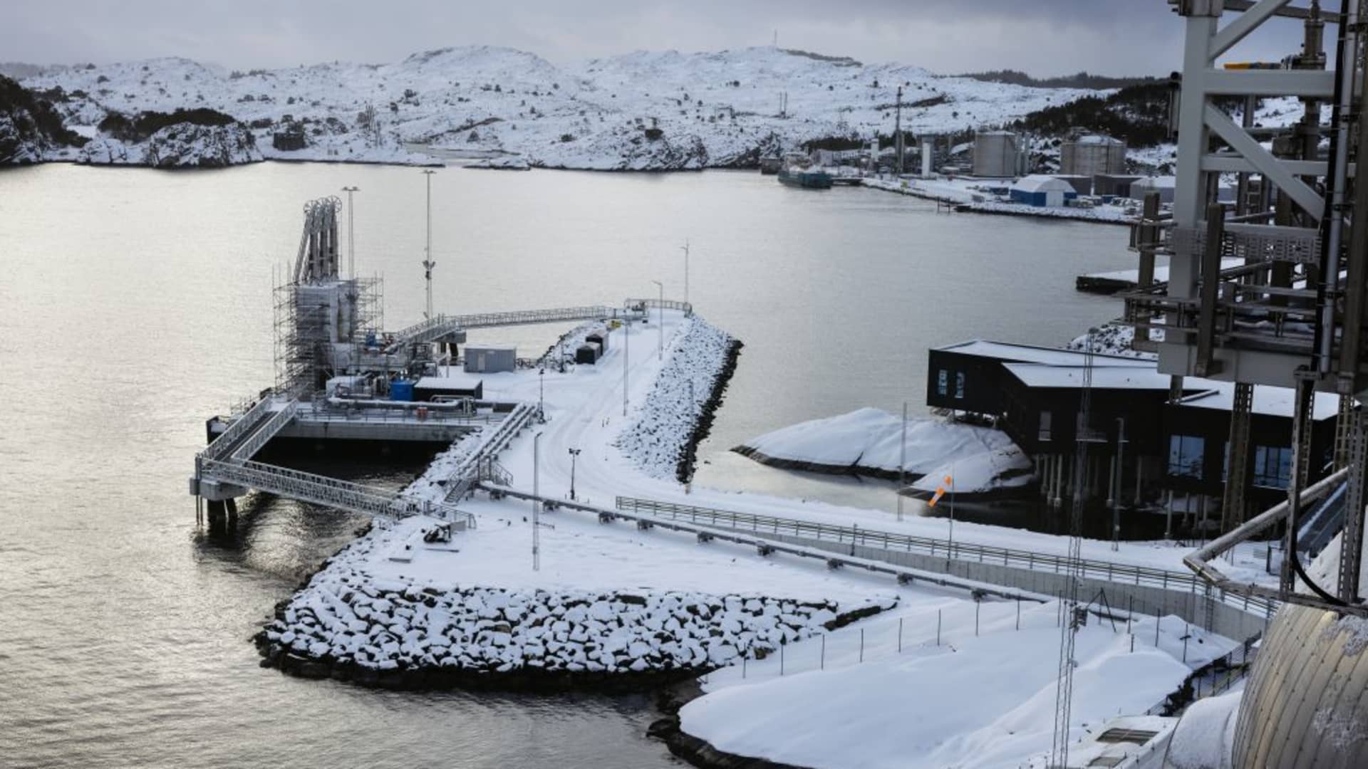 The receiving dock at the Northern Lights carbon capture and storage project, controlled by Equinor ASA, Shell Plc and TotalEnergies SE, at Blomoyna, Norway, on Friday, Jan. 19, 2024.