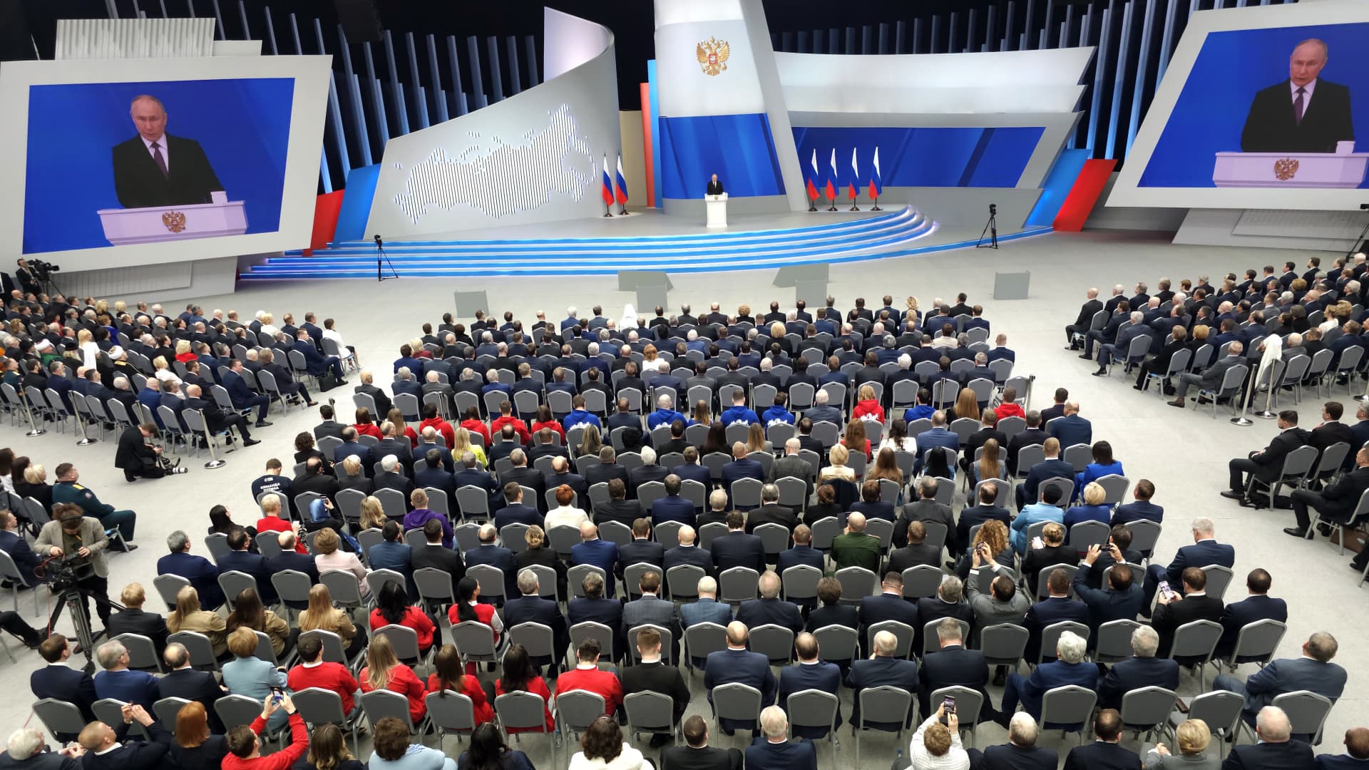 Russian President Vladimir Putin speaks during his annual state of the nation address, on February 29, 2024, in Moscow, Russia.