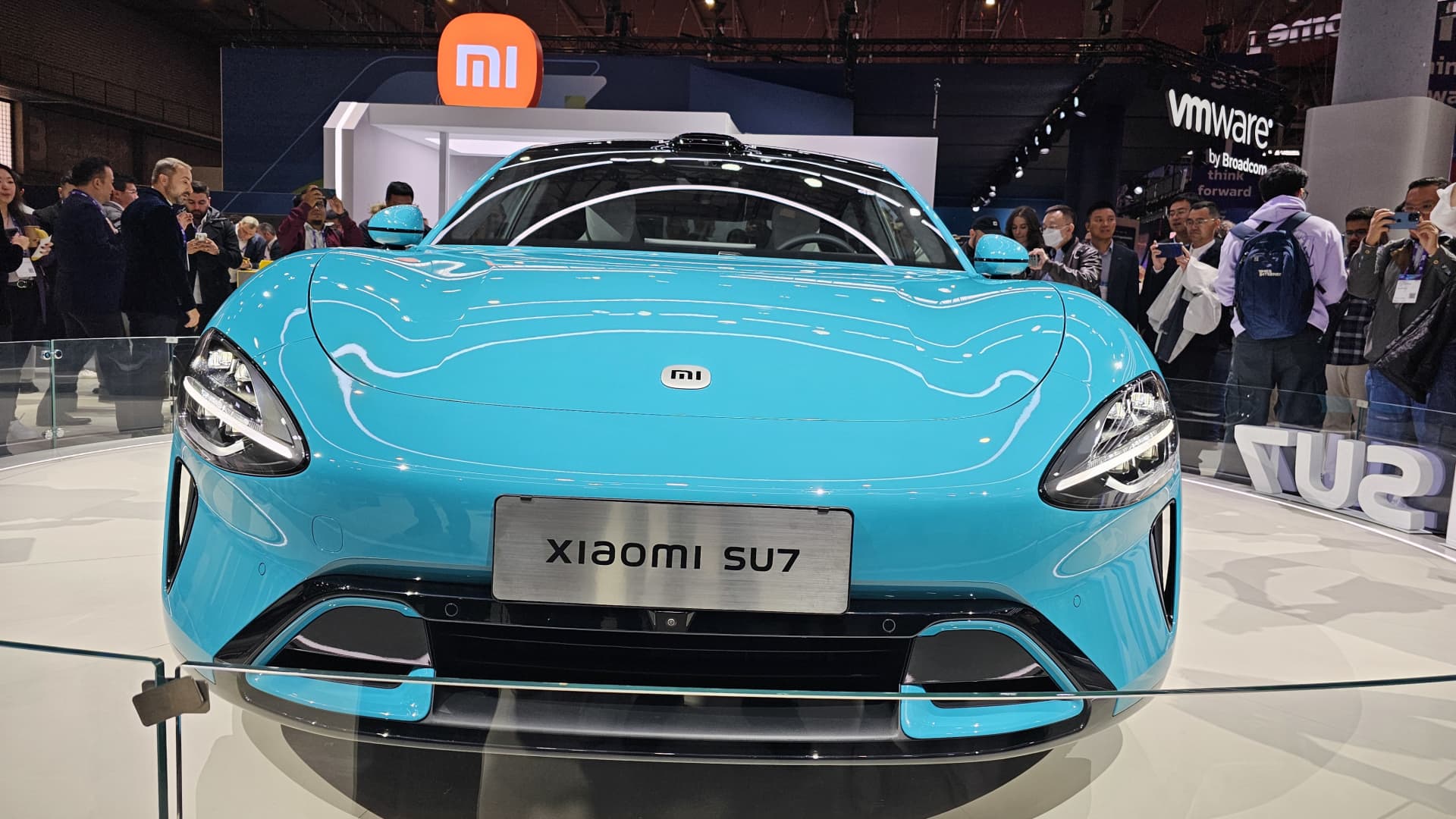 The Xiaomi SU7 on display at the Mobile World Congress 2024.