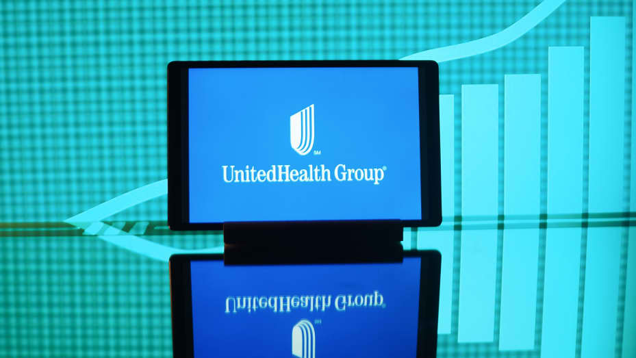 In this photo illustration, UnitedHealth Group Inc logo seen displayed on a tablet.