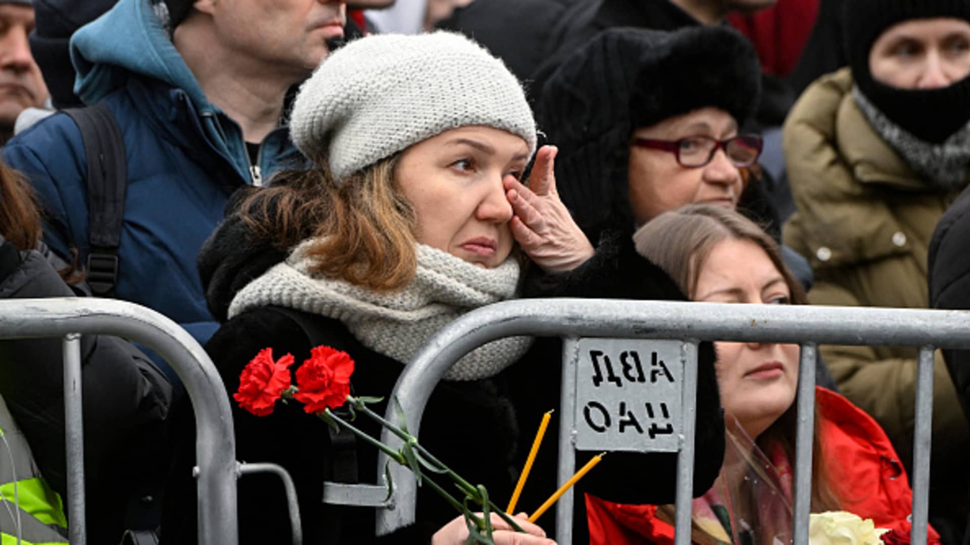 Mourners gather in front of the Mother of God Quench My Sorrows church ahead of a funeral service for late Russian opposition leader Alexei Navalny, in Moscow's district of Maryino on March 1, 2024.