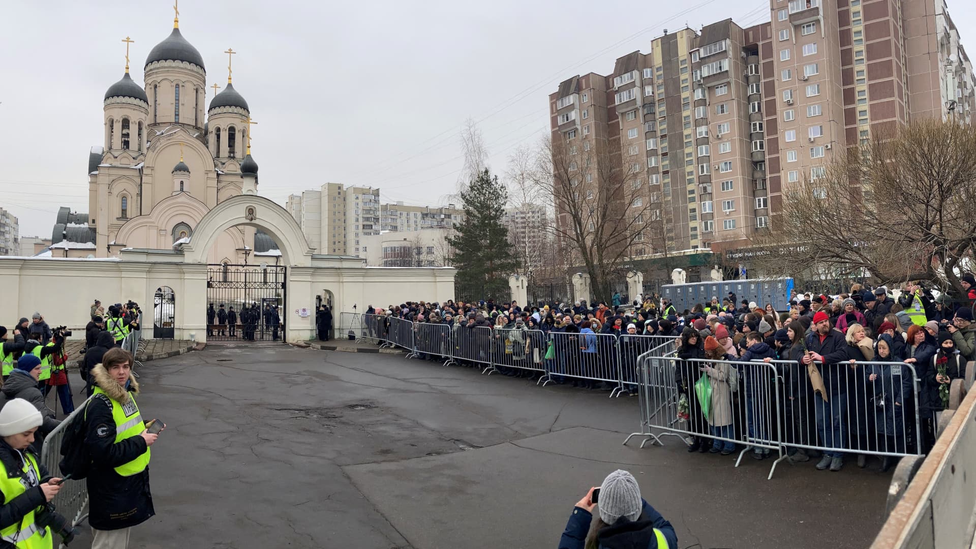 Mourners gather in front of the Mother of God Quench My Sorrows church ahead of a funeral service for late Russian opposition leader Alexei Navalny on March 1, 2024.