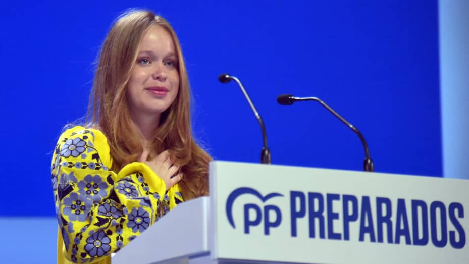 Member of the Ukrainian Parliament Yelyzaveta Oleksiyivna Yasko delivers a speech during the 20th National Congress of the Popular Party (PP) at the Fibes conference and exhibition centre in Seville on April 2, 2022. Spain's opposition Popular Party (PP) today appoints Alberto Nunez Feijoo as leader in the hope the calm, experienced moderate with a pragmatic outlook will return the right-wing faction to power. (Photo by CRISTINA QUICLER / AFP) (Photo by CRISTINA QUICLER/AFP via Getty Images)