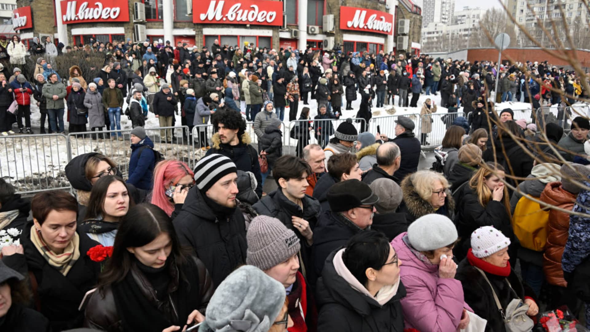 Mourners gather outside the Mother of God Quench My Sorrows church ahead of a funeral service for late Russian opposition leader Alexei Navalny, in Moscow's district of Maryino on March 1, 2024.