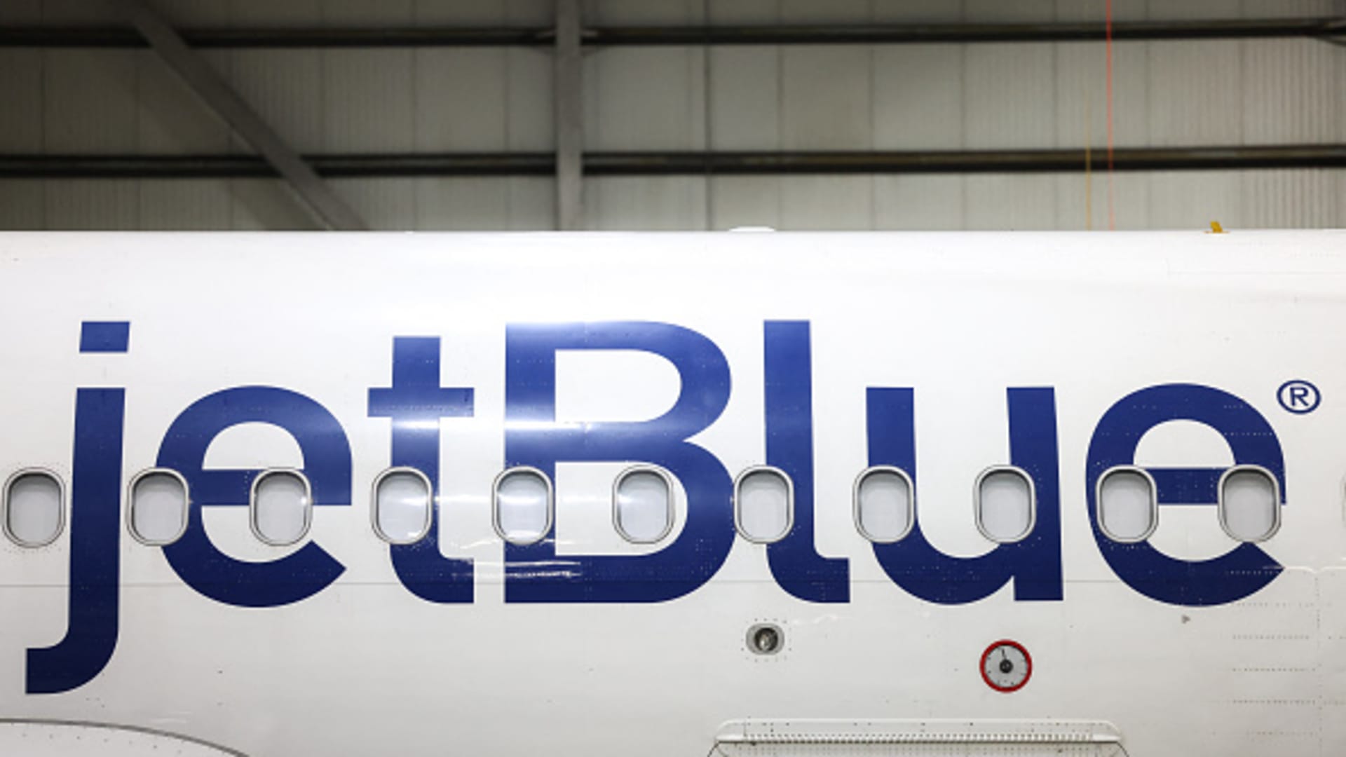 This photo shows details of an Airbus A320 passenger aircraft of Jet Blue airlines in a maintenance hangar of the company at JFK International Airport in New York on March 4, 2024, prior of a Career Discovery Week event. 