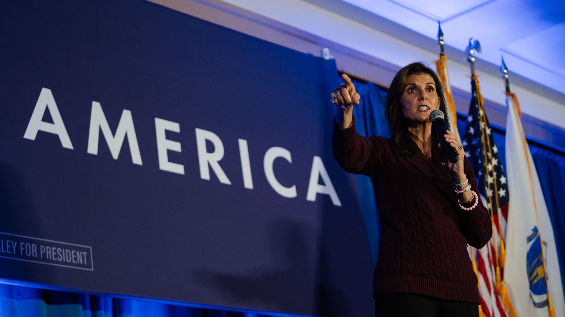 Republican presidential candidate former U.N. Ambassador Nikki Haley speaks during a campaign event held at the Sheraton Needham Hotel on March 2, 2024 in Needham, Massachusetts. 