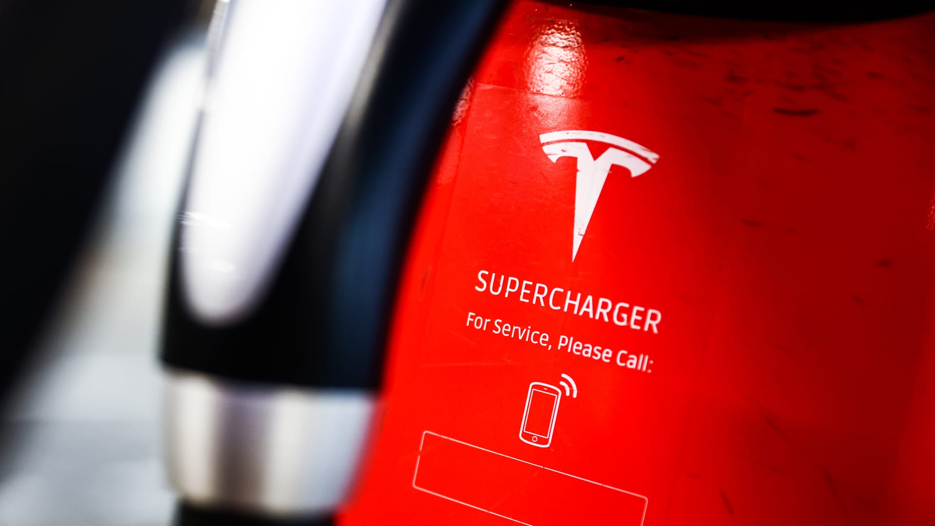 Tesla Superchargers are seen at Boanrka shopping center parking in Krakow, Poland on March 4th, 2024. 
