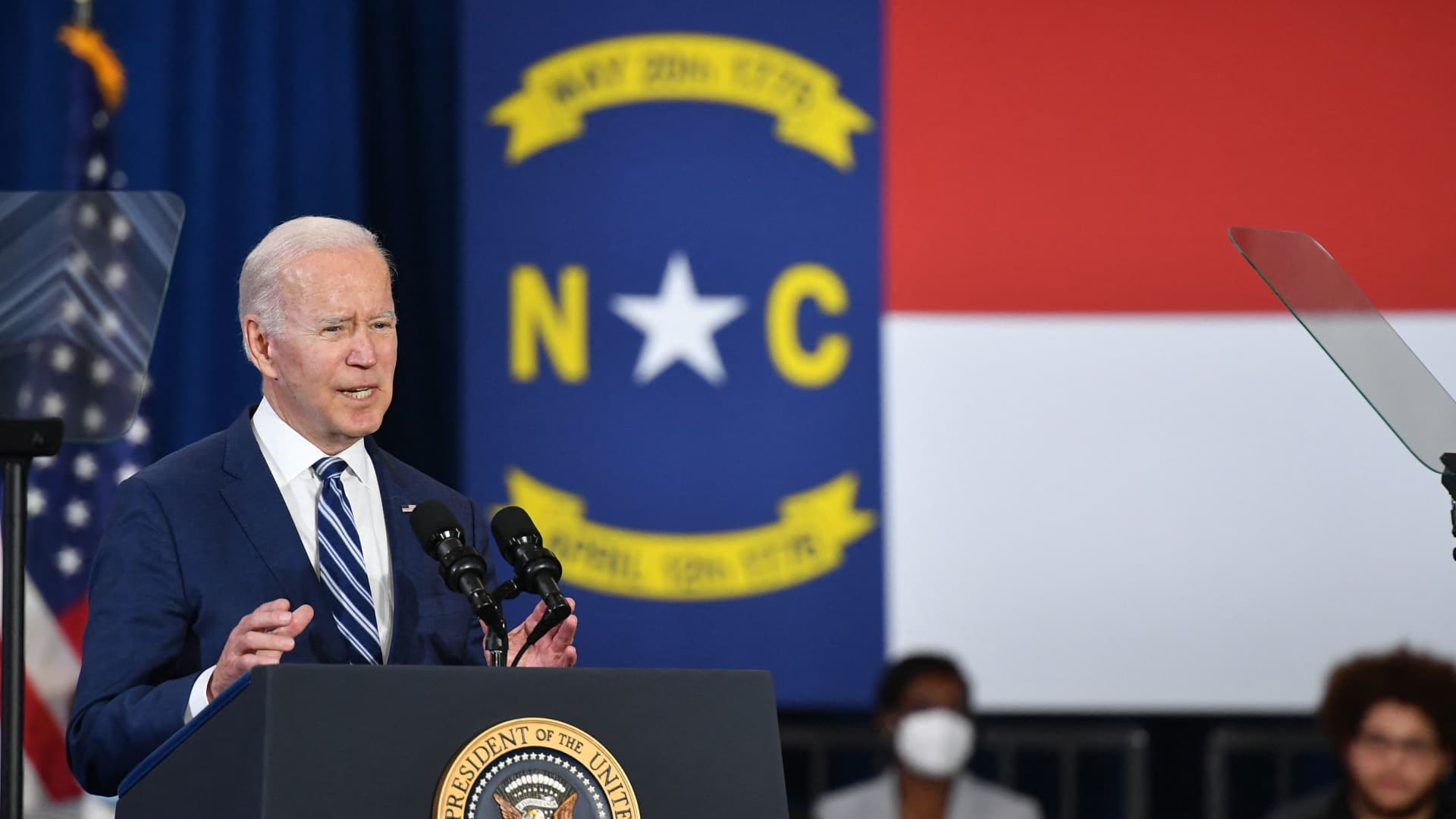 US President Joe Biden speaks at the Alumni-Foundation Event Center of North Carolina Agricultural and Technical State University in Greensboro, North Carolina on April 14, 2022. 