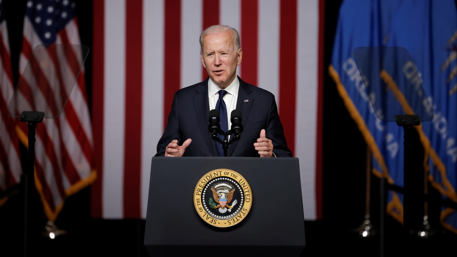 U.S. President Joe Biden delivers remarks on the centennial anniversary of the Tulsa race massacre during a visit to the Greenwood Cultural Center in Tulsa, Oklahoma, on June 1, 2021.