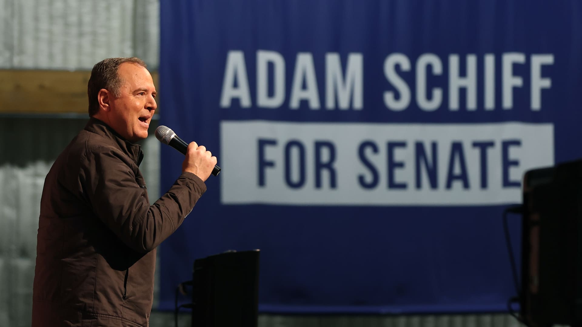 Senate candidate Rep. Adam Schiff, D-Calif., speaks during a Get Out The Vote meet and greet at IATSE Local 80 in Burbank, California, on March 4, 2024.