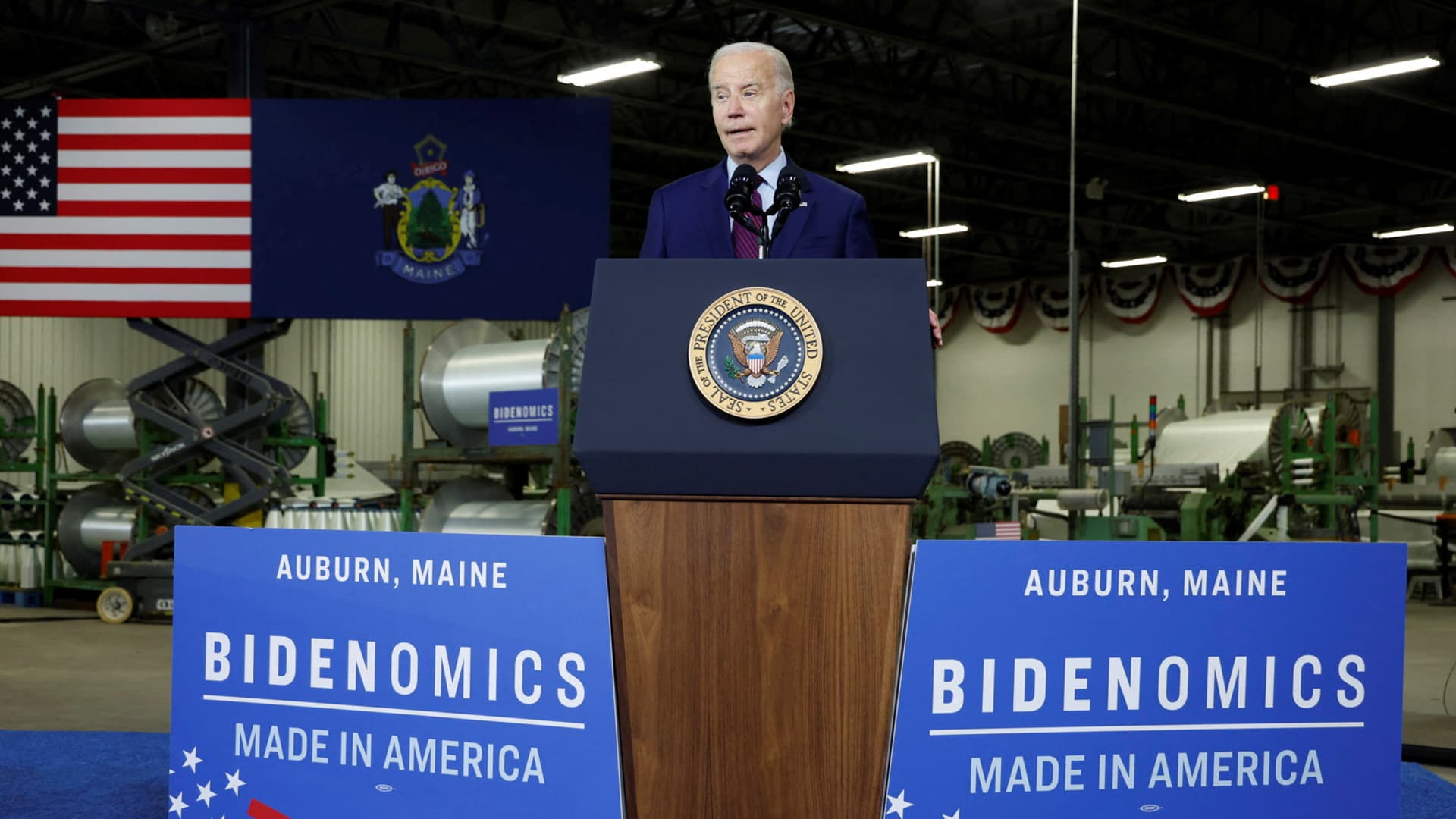U.S. President Joe Biden delivers remarks on the economy at Auburn Manufacturing, a company that produces heat- and fire-resistant fabrics for a range of industrial uses in the U.S. and abroad, in Auburn, Maine, U.S. July 28, 2023.