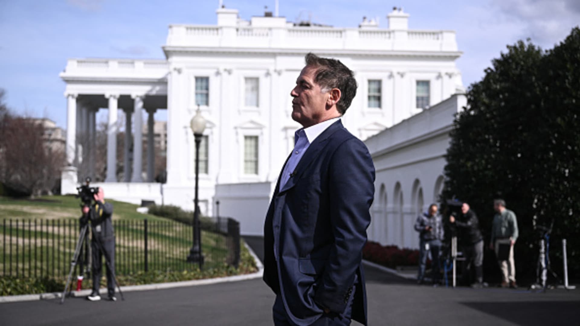 Businessman Mark Cuban speaks to reporters after attending a meeting about prescription drug costs at the White House in Washington, D.C., on March 4, 2024.
