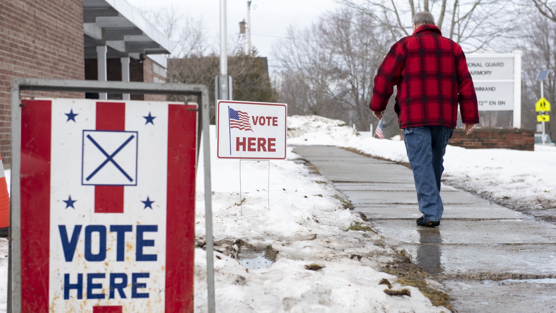A voters enters a polling station at the Vermont National Guard Williston Armory in Williston, Vermont, U.S., on Tuesday, March 3, 2020. 