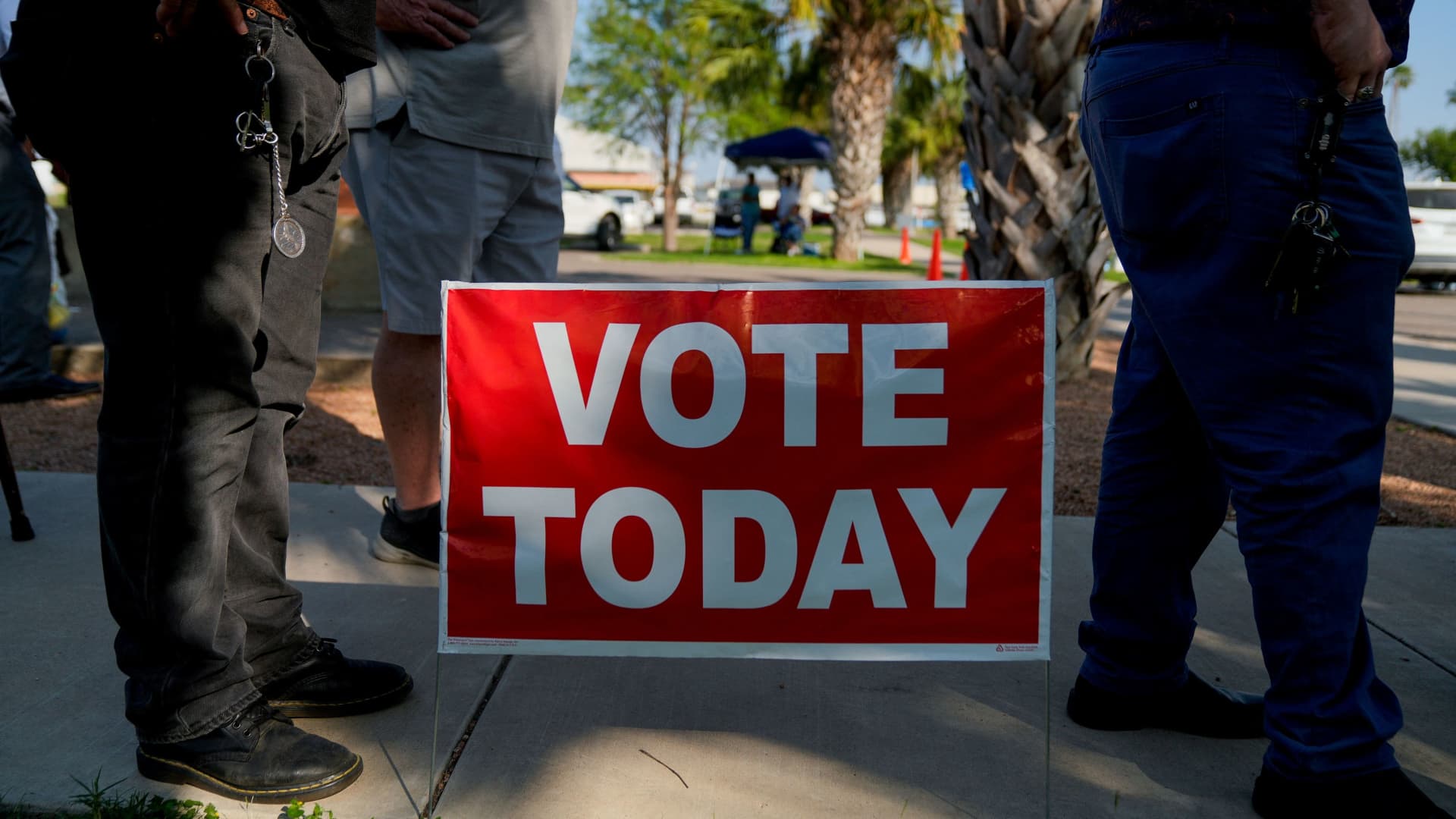 A sign is displayed during the Super Tuesday primary election in McAllen, Texas, U.S. March 5, 2024. 