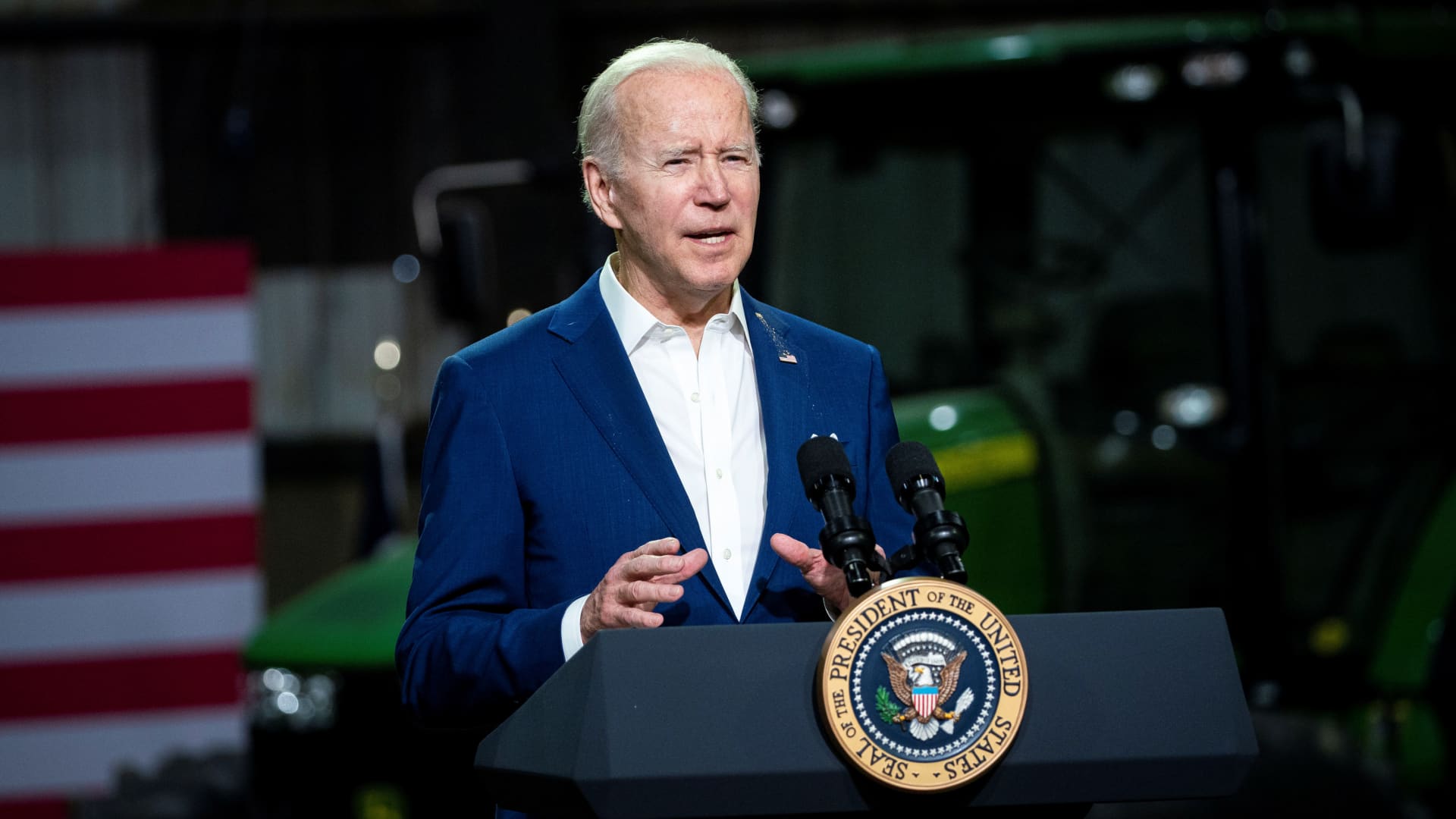 U.S. President Joe Biden speaks while visiting a POET Bioprocessing plant in Menlo, Iowa, on April 12, 2022.