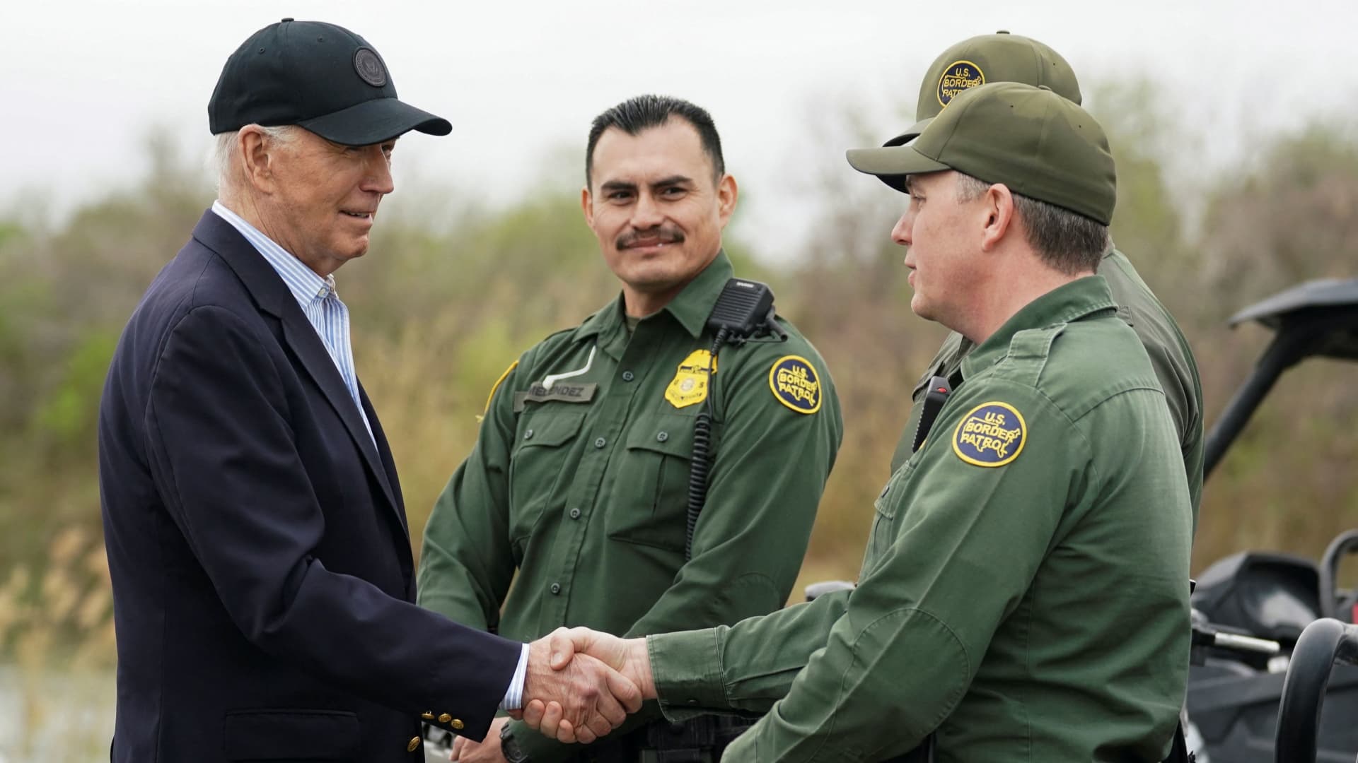 U.S. President Joe Biden greets members of the U.S. Border Patrol at the U.S.-Mexico border in Brownsville, Texas, U.S., February 29, 2024. 