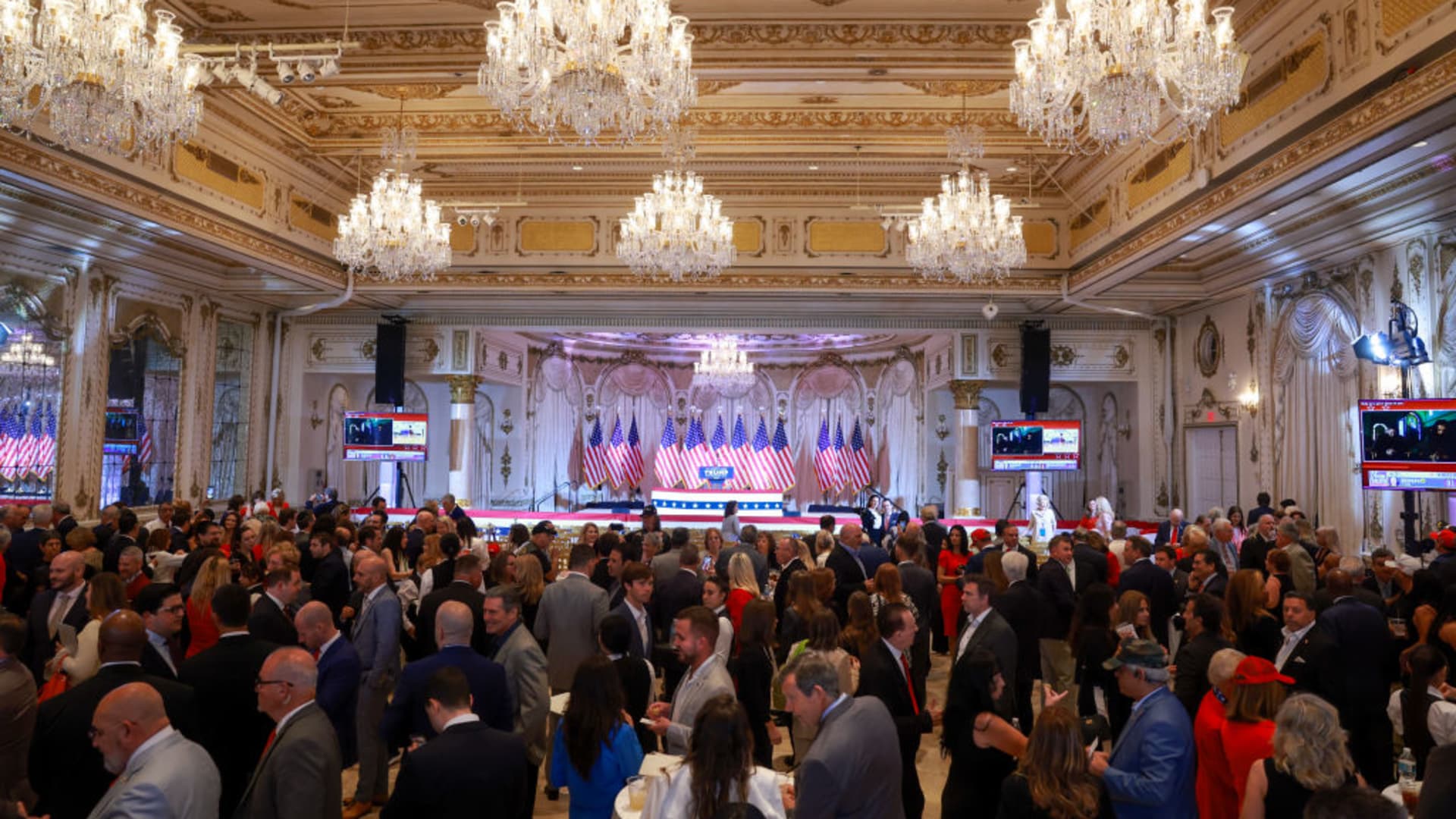Guests mill about awaiting the arrival of Republican presidential candidate, former President Donald Trump at an election-night watch party at Mar-a-Lago on March 05, 2024 in Palm Beach, Florida. 