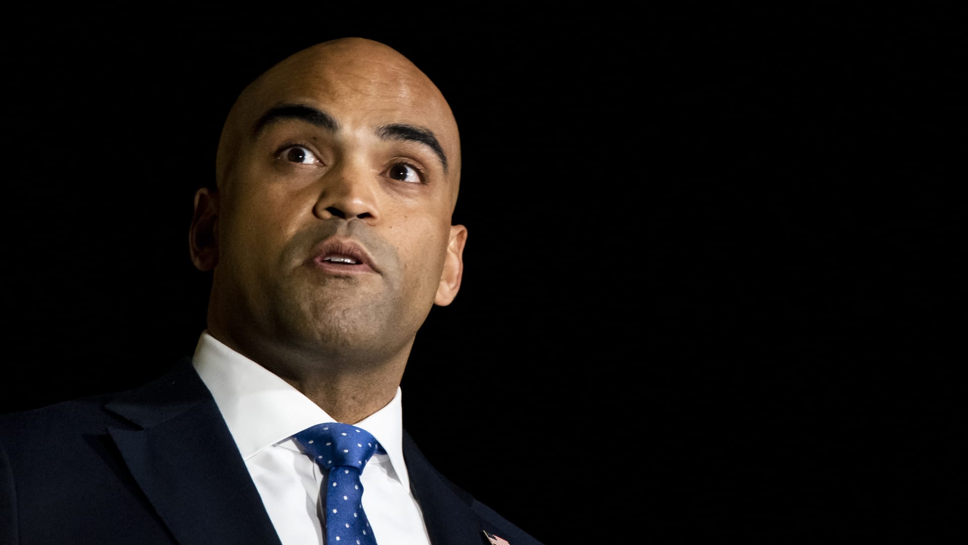 U.S. Rep. Colin Allred (D-TX) talks to a reporter following a special service on January 17, 2022 in Southlake, Texas. 