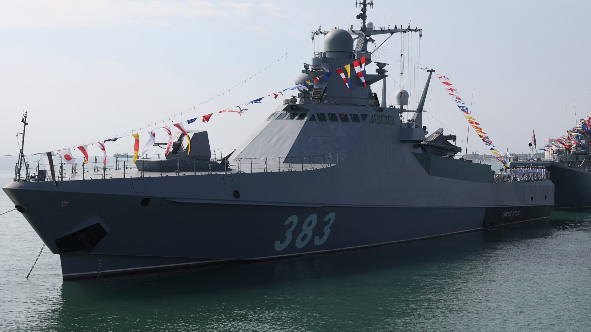 The Sergey Kotov patrol ship takes part in a Navy Day parade, in Novorossiysk, Russia.