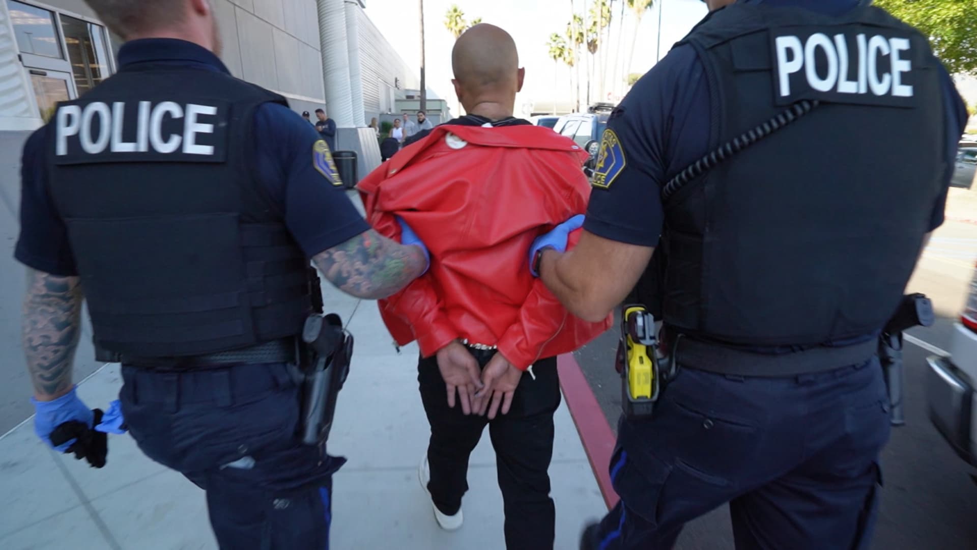 California Highway Patrol officers arrest a retail crime suspect.