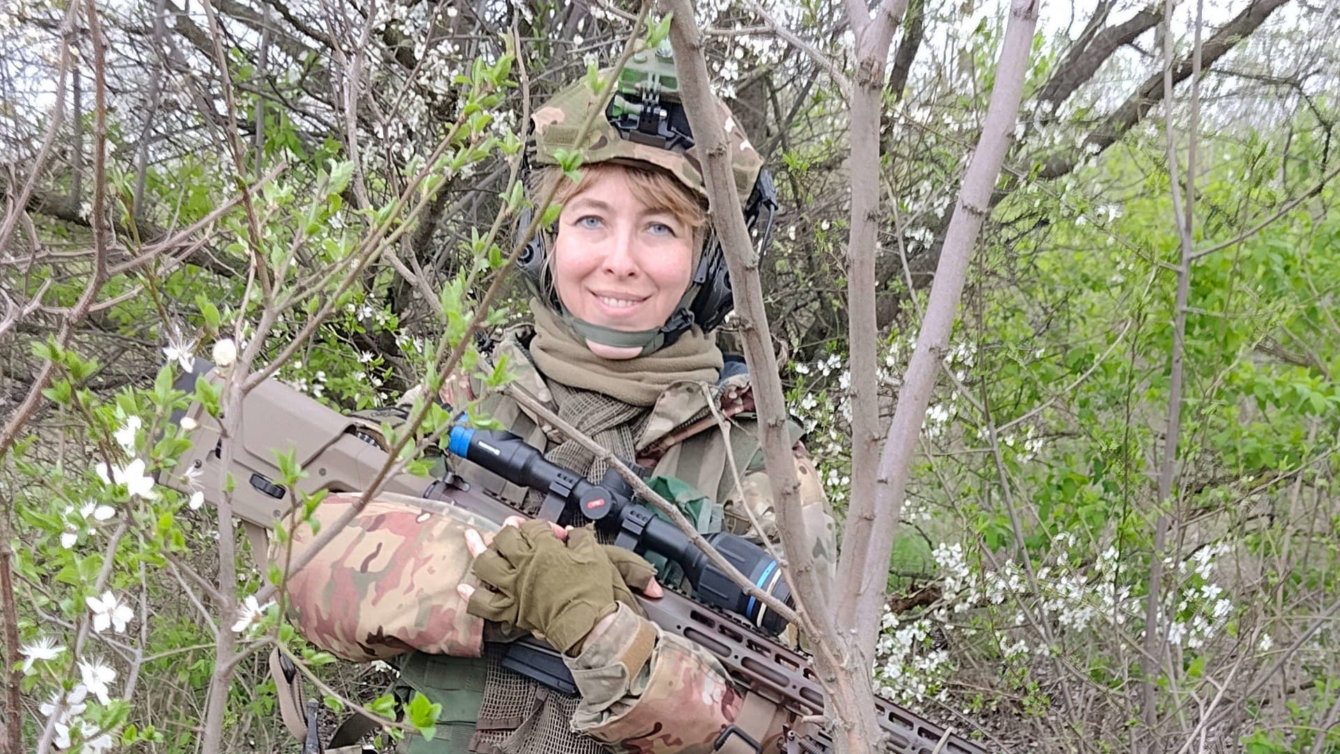 Olena Bilozerska, a Ukrainian journalist who became a sniper in 2014. Bilozerska has raised the profile of female soldiers in Ukraine and has become a target of Russian propaganda, falsely declared dead a number of times.