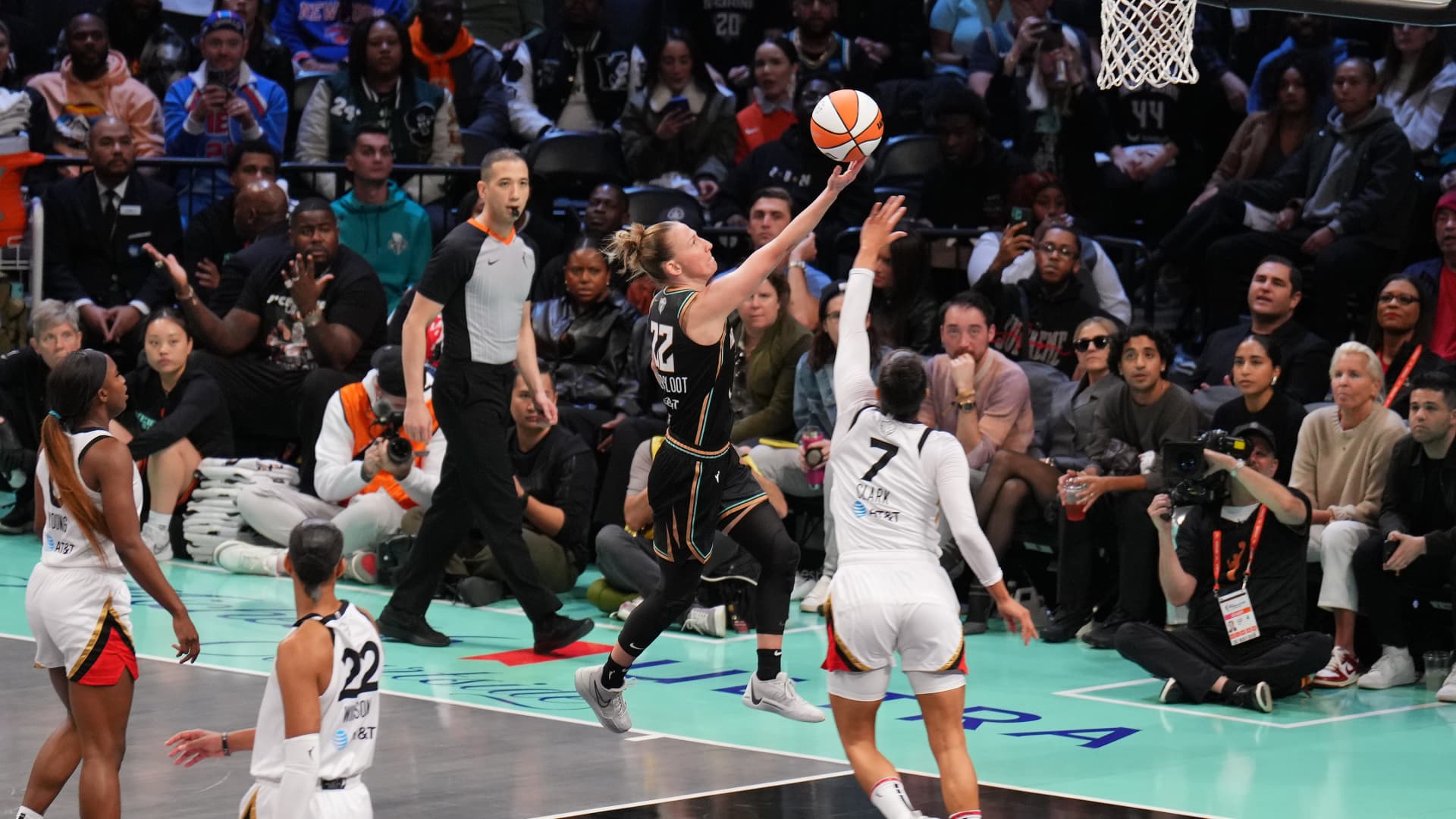 Courtney Vandersloot  of the New York Liberty drives to the basket during the game against the Las Vegas Aces during game 3 of the 2023 WNBA Finals on October 15, 2023 at the Barclays Center in Brooklyn, New York.