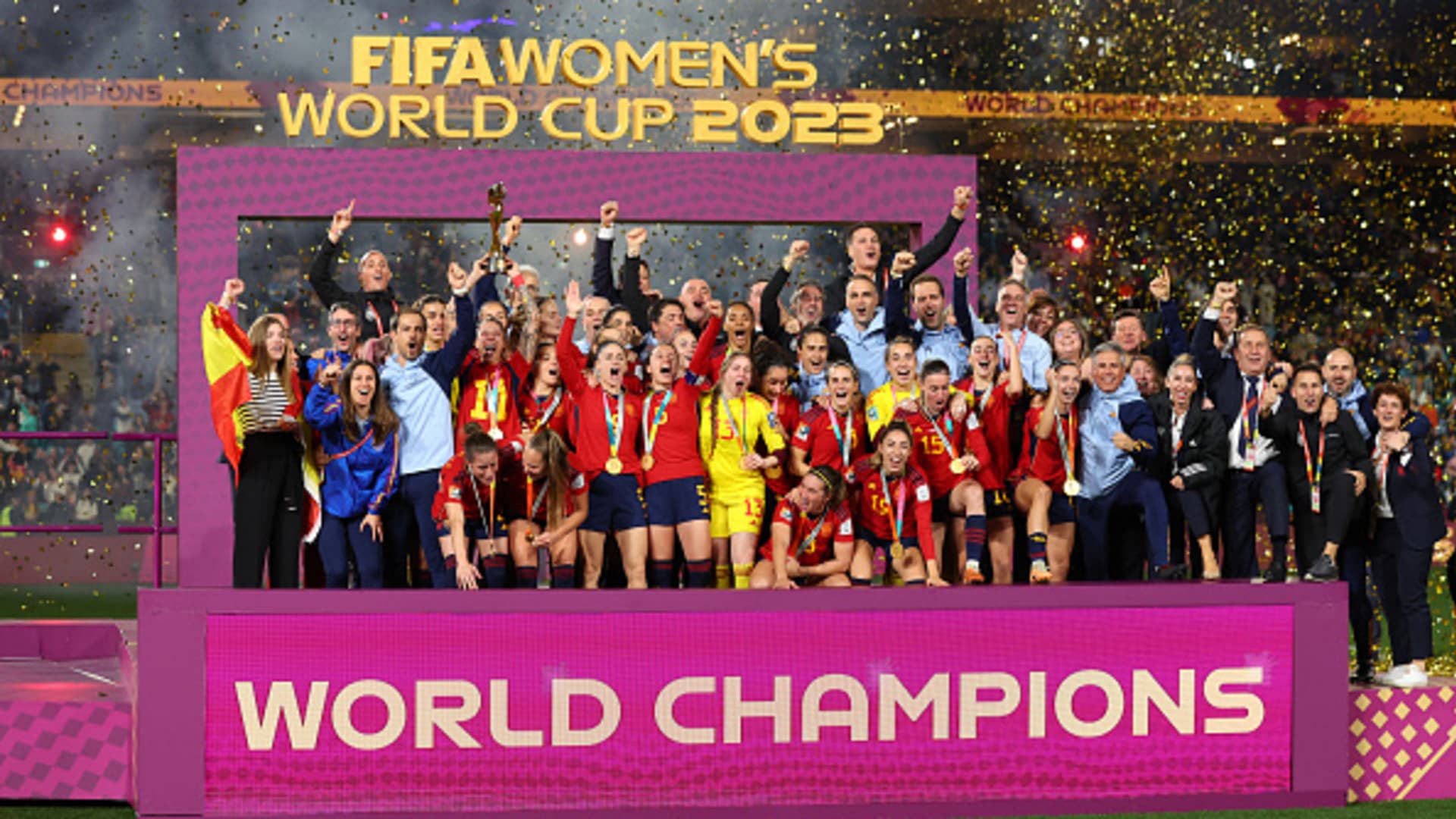 Spain players celebrate with the trophy during the FIFA Women's World Cup Australia & New Zealand 2023 Final match between Spain and England at Stadium Australia on August 20, 2023 in Sydney, Australia.