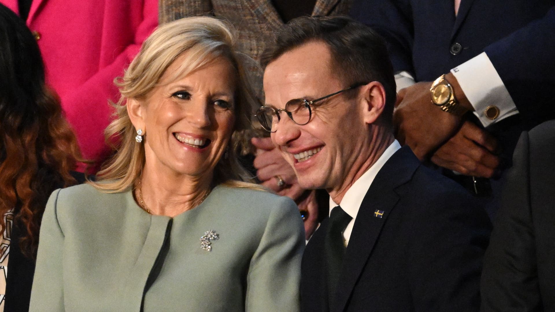U.S. first lady Jill Biden sits alongside Swedish Prime Minister Ulf Kristersson during U.S. President Joe Biden's State of the Union address in the House Chamber of the U.S. Capitol in Washington, March 7, 2024.