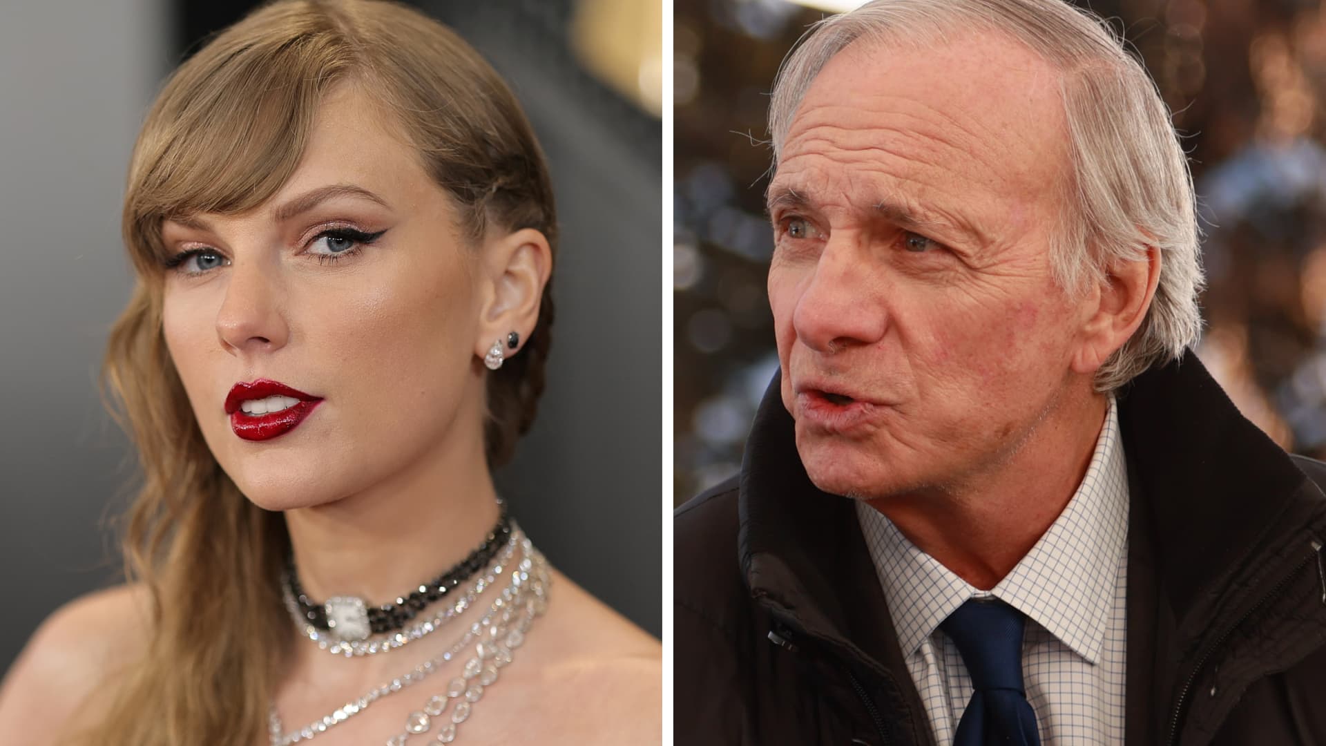Combination showing Taylor Swift (L) and Ray Dalio.