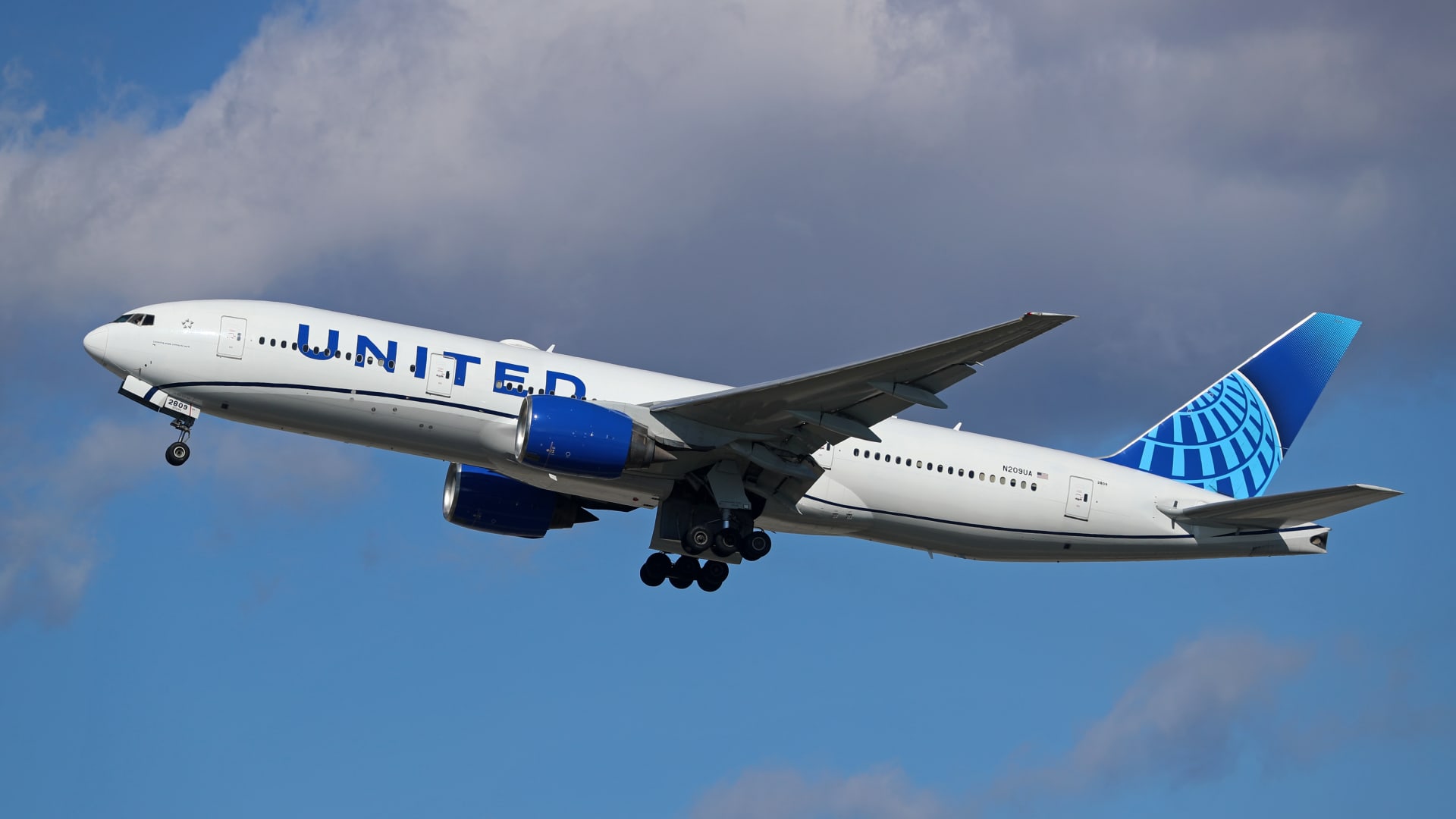A Boeing 777-222(ER) from United Airlines is taking off from Barcelona Airport in Barcelona, Spain, on Feb. 23, 2024.
