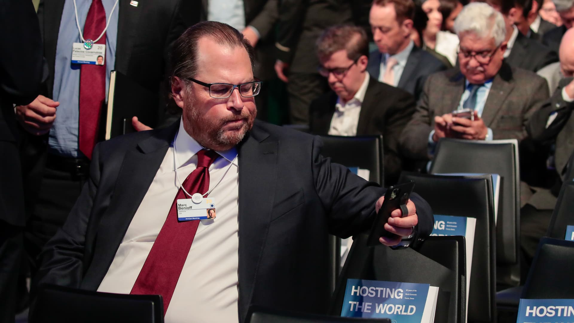 Marc Benioff, co-founder and CEO of Salesforce, sits in the audience ahead of the special address by U.S. President Donald Trump on the opening day of the World Economic Forum in Davos, Switzerland, on Jan. 21, 2020.
