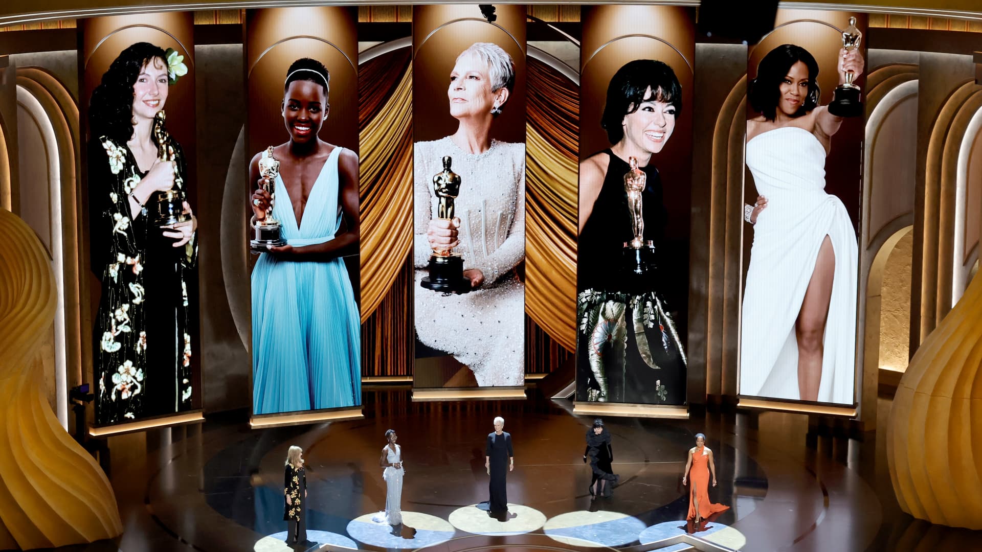 (L-R) Mary Steenburgen, Lupita Nyong'o, Jamie Lee Curtis, Rita Moreno and Regina King speak onstage during the 96th Annual Academy Awards at Dolby Theatre on March 10, 2024 in Hollywood, California.