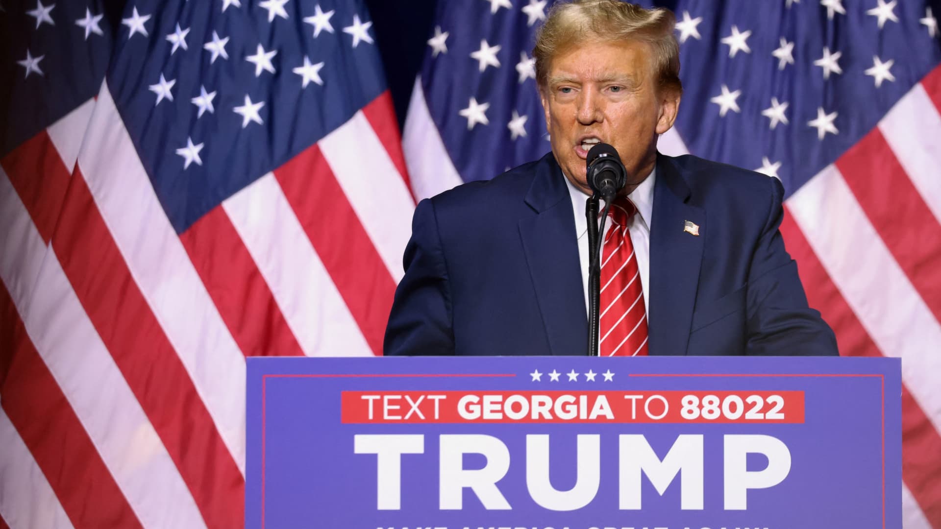 Republican presidential candidate and former U.S. President Donald Trump speaks during a campaign rally at the Forum River Center in Rome, Georgia, U.S. March 9, 2024. 