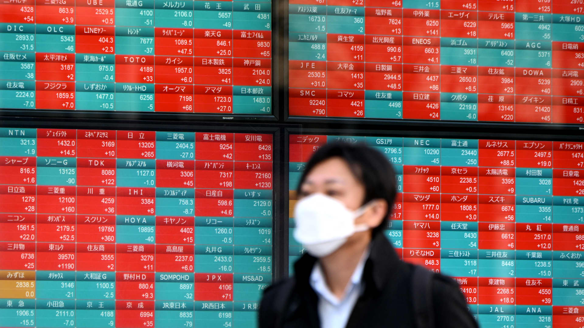 A person walks past an electronic boards displaying stock prices of companies listed on the Tokyo Stock Exchange along a street in Tokyo on March 4, 2024. 