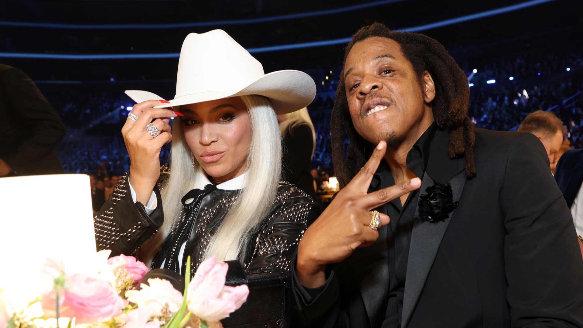 (L-R) Beyoncé and Jay-Z attend the 66th GRAMMY Awards at Crypto.com Arena on February 04, 2024 in Los Angeles, California. (Photo by Kevin Mazur/Getty Images for The Recording Academy)