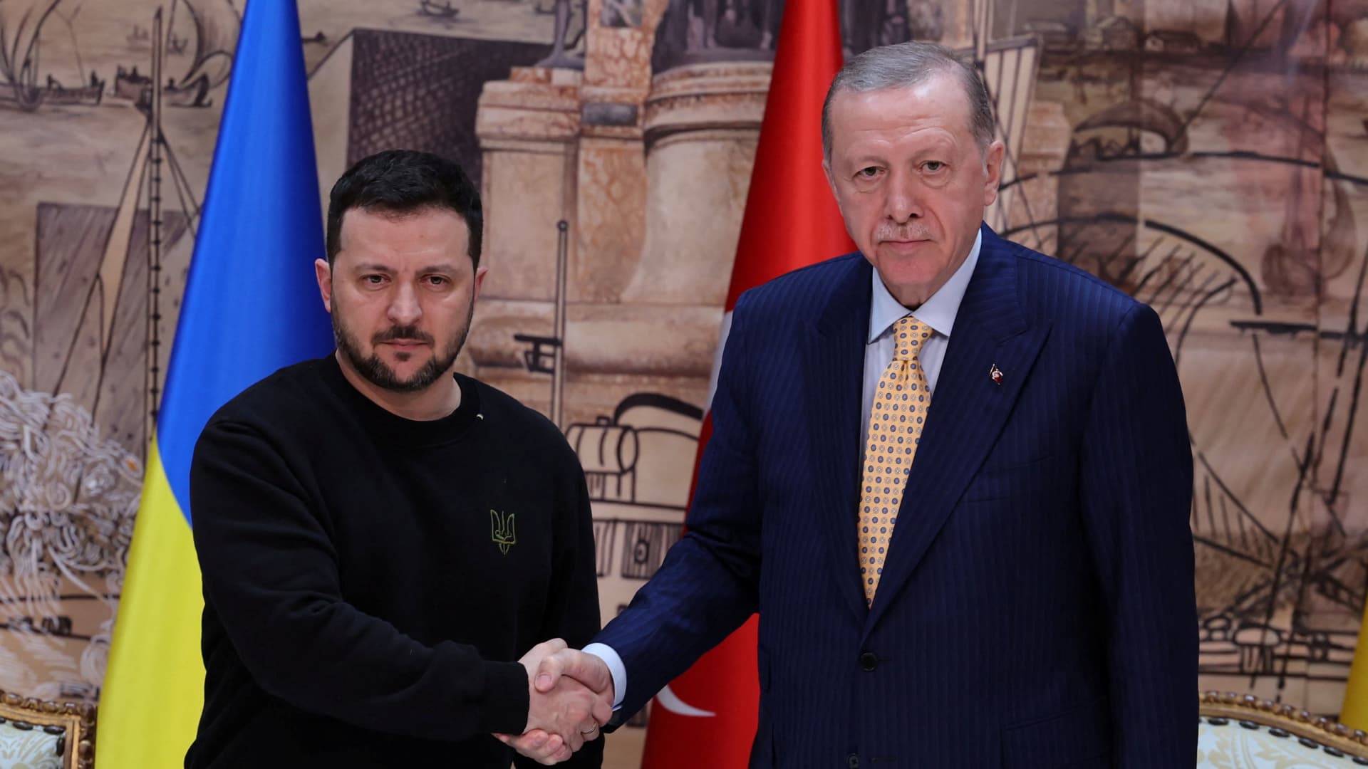 Ukrainian President Volodymyr Zelenskiy shakes hands with his Turkish counterpart Tayyip Erdogan during a press conference in Istanbul, Turkey, March 8, 2024. 