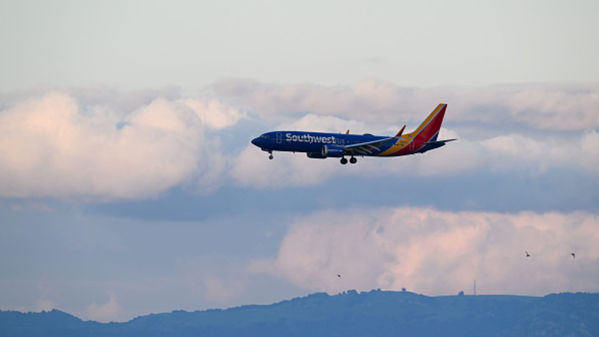 A Southwest Airlines plane lands at San Francisco International Airport (SFO) in San Francisco, California, United States on February 8, 2024. 