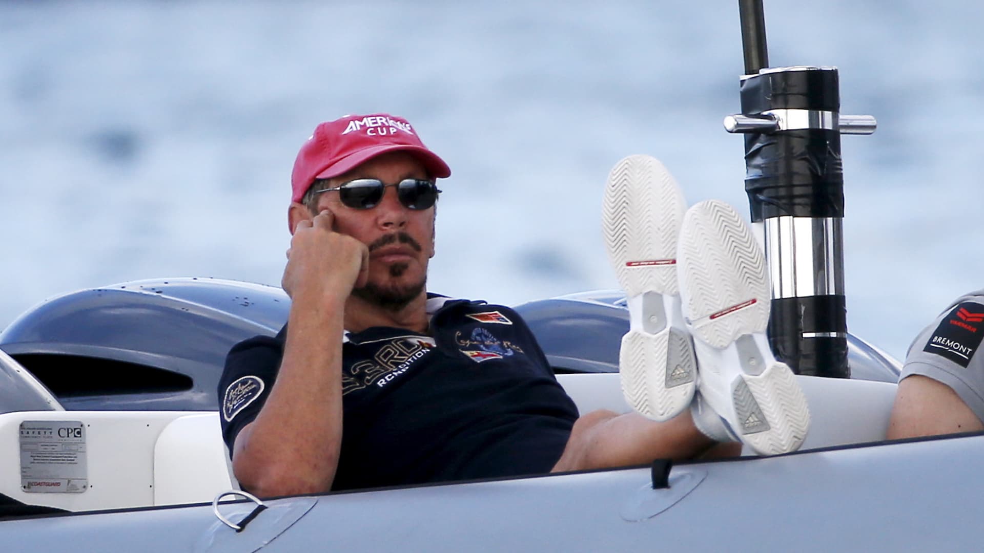 Larry Ellison, founder and former CEO of Oracle Inc. watches a training race from a motor boat ahead of the America's Cup World Series sailing competition on the Great Sound in Hamilton, Bermuda, October 16, 2015.