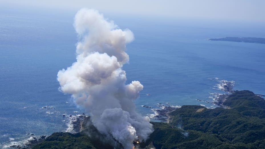 Smoke rises after Japan's Space One's small, solid-fueled Kairos rocket exploded shortly after its inaugural launch at Space One's launching pad on the tip of Kii peninsula in Kushimoto town, Wakayama prefecture, Japan on March 13, 2024.