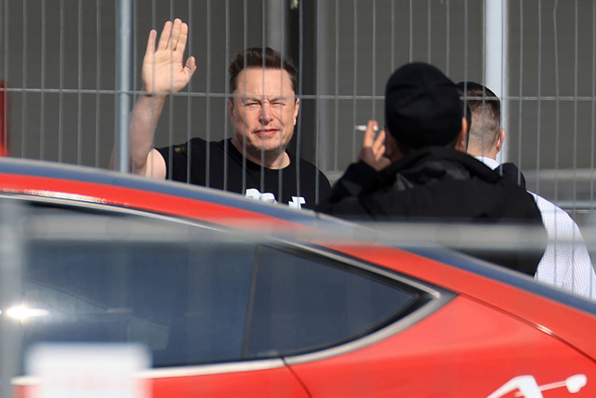 Elon Musk, CEO of Tesla Inc., arrives at the Tesla plant in Gruenheide, Germany, on March 13, 2024.