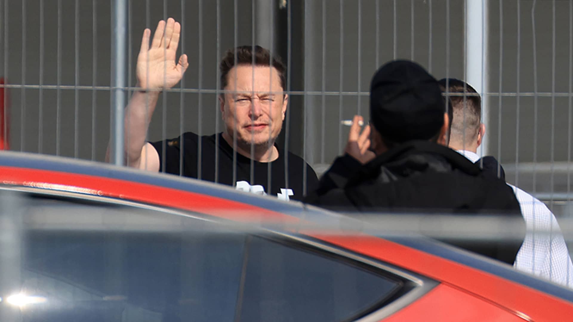 Elon Musk, CEO of Tesla Inc., arrives at the Tesla plant in Gruenheide, Germany, on March 13, 2024.