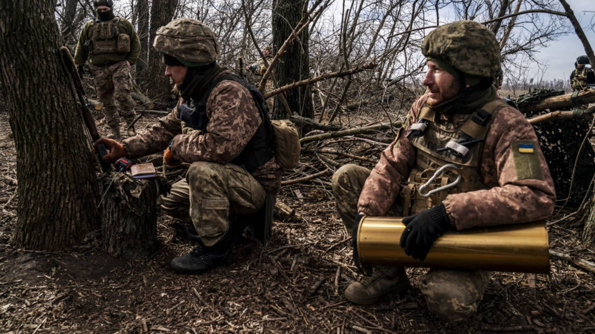 Ukrainian soldiers unload explosive charges in the direction of Bakhmut as Russia-Ukraine war continues in Donetsk Oblast, Ukraine on March 13, 2024.