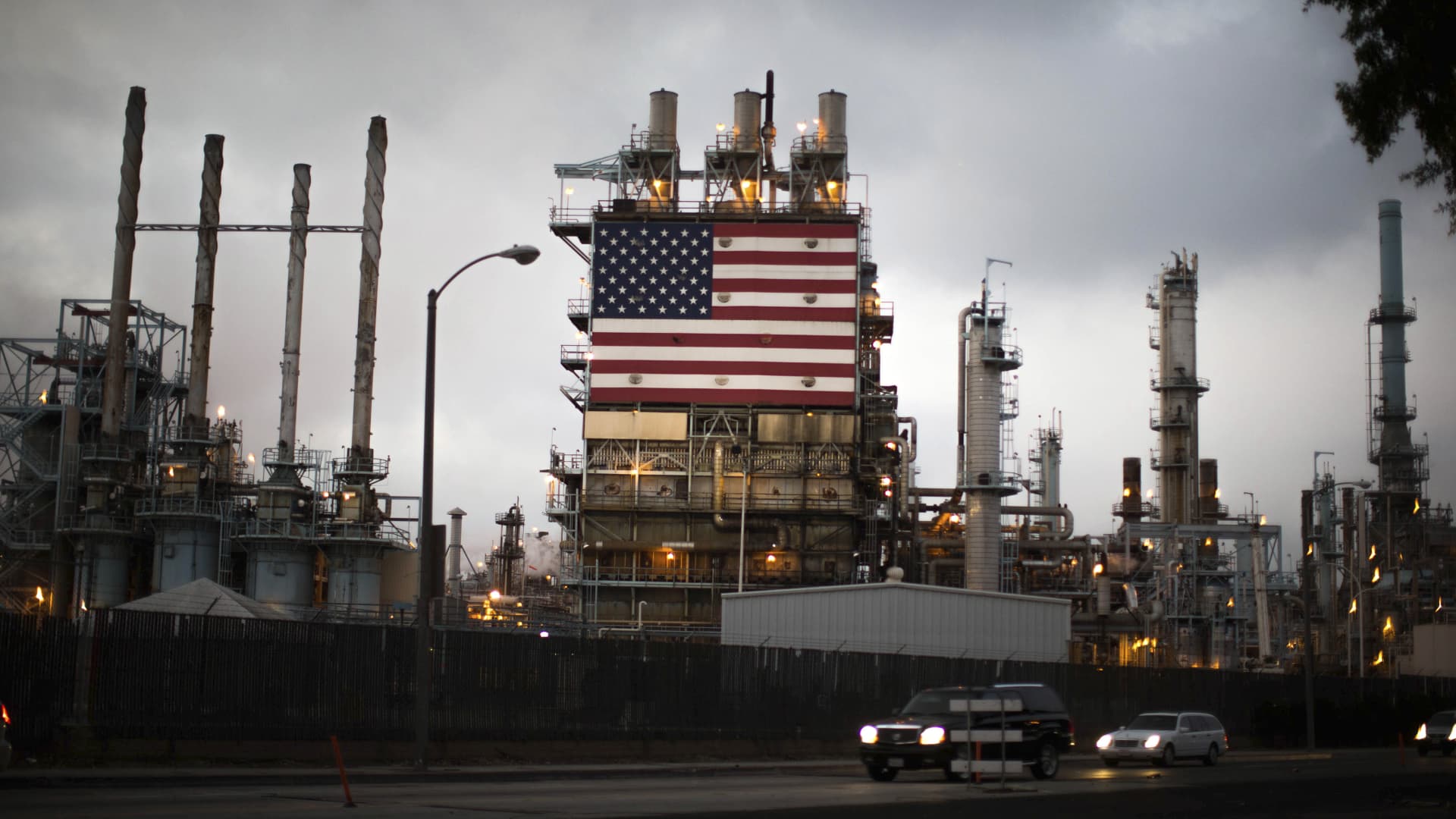 The U.S. flag is displayed at Tesoro's Los Angeles oil refinery.