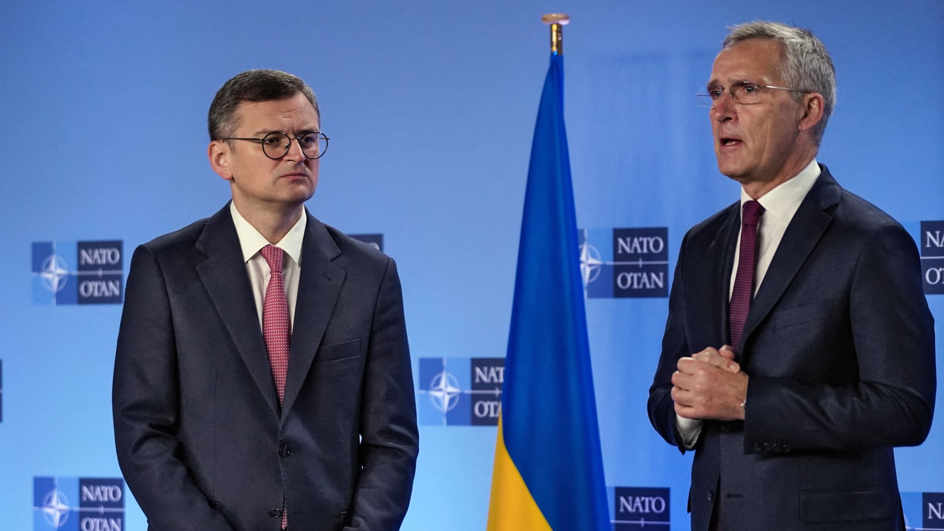 Ukrainian Minister for Foreign Affairs Dmytro Kuleba (L) and Nato Secretary General Jens Stoltenberg (R) give a press conference following their meeting at Nato Headquarters in Brussels, on November 29, 2023, on the sidelines of a Nato Foreign ministers meeting. 
