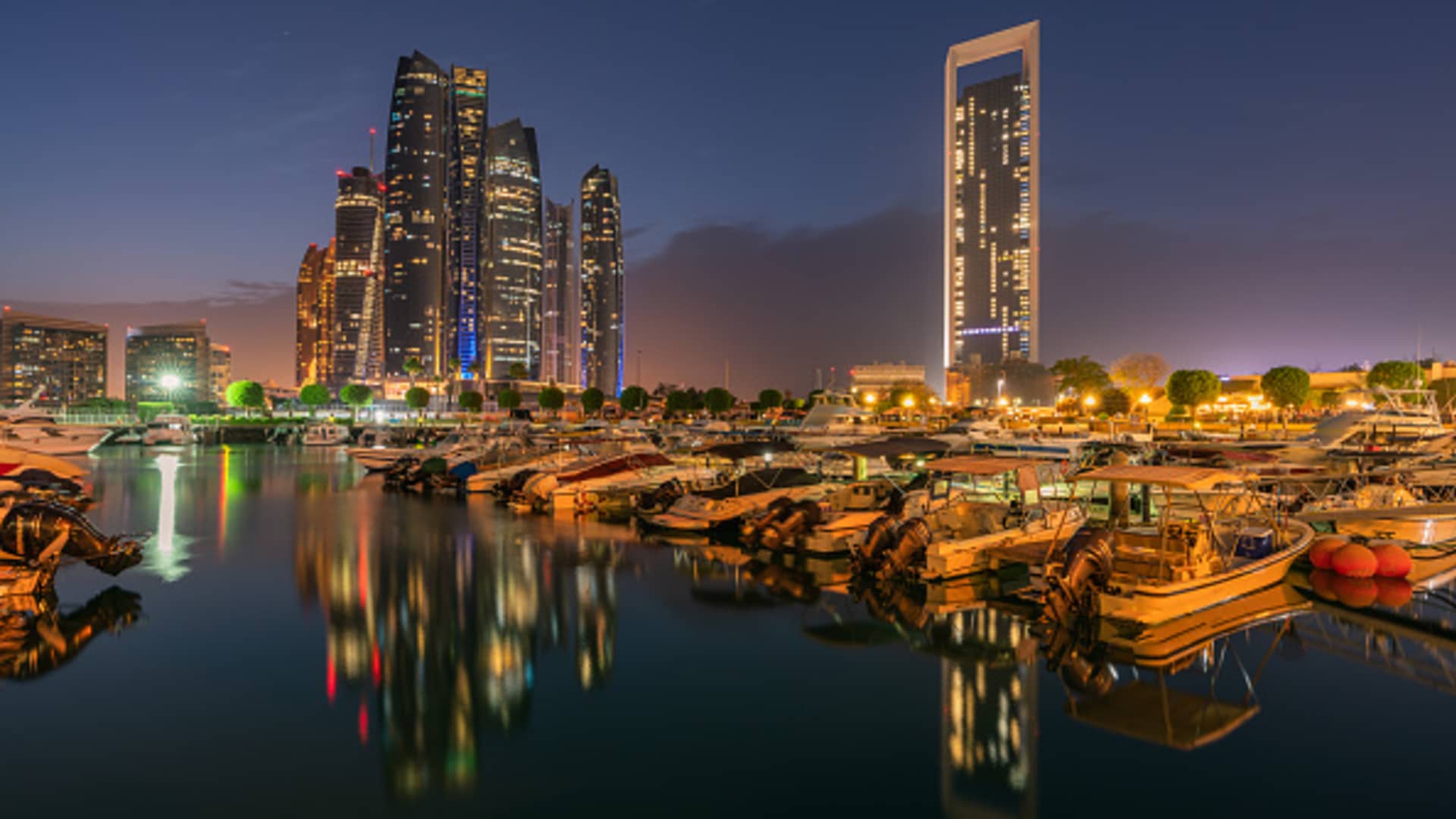 The General view of Abu Dhabi city at Sunset on April 26, 2018 in Abu Dhabi, United Arab Emirates. 
