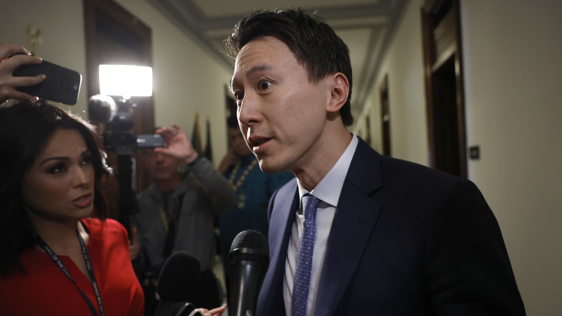 Shou Zi Chew, CEO of TikTok, speaks to reporters outside the office of Sen. John Fetterman (D-PA) at the Russell Senate Office Building on March 14, 2024 in Washington, DC. The House of Representatives voted to ban TikTok in the United States unless the Chinese-owned parent company ByteDance sells the popular video app within the next six months.