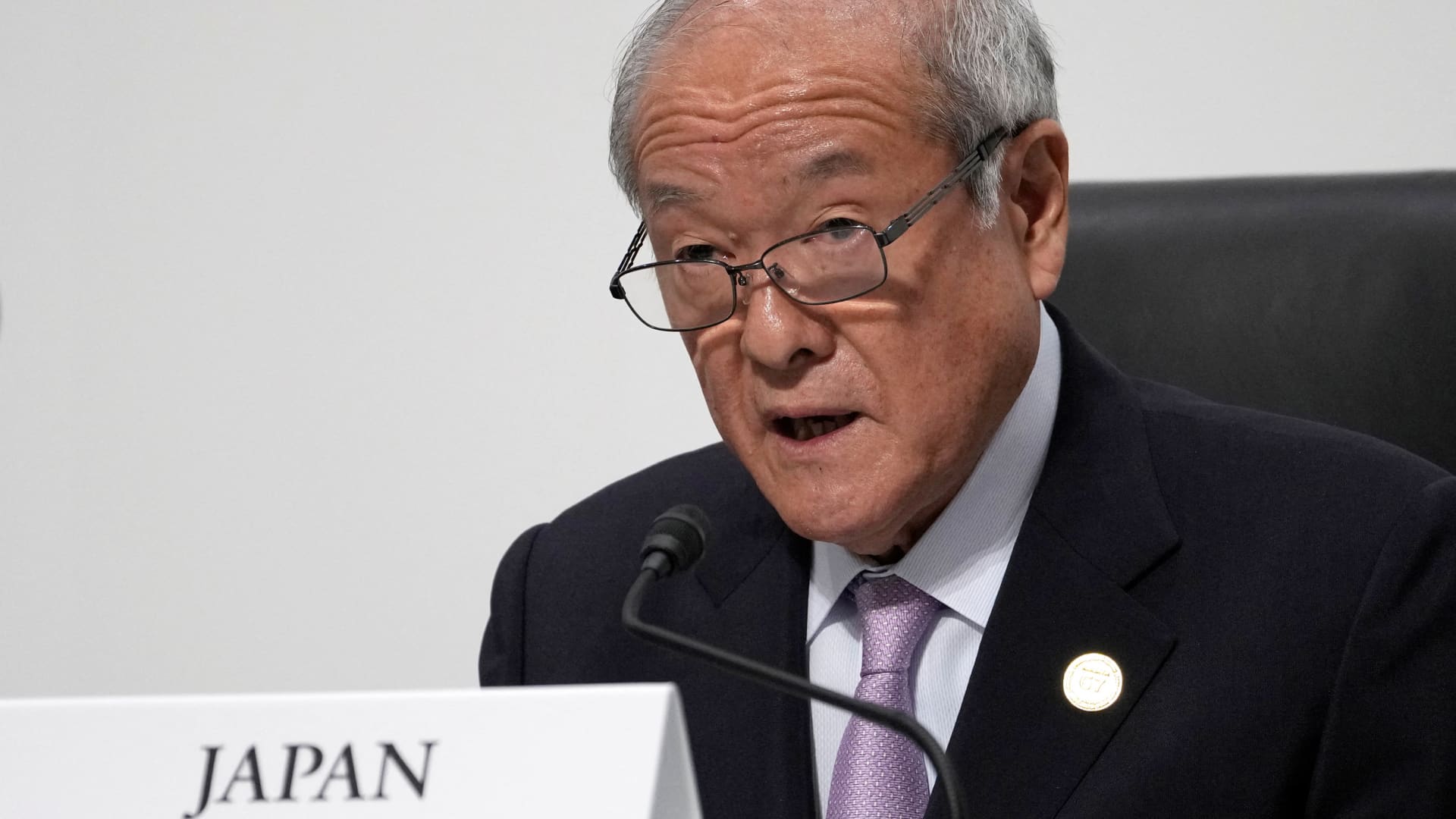 Japanese Finance Minister Shunichi Suzuki speaks during the presidency press conference at the G7 meeting of finance ministers and central bank governors, at Toki Messe in Niigata, Japan, Saturday, May 13, 2023. 