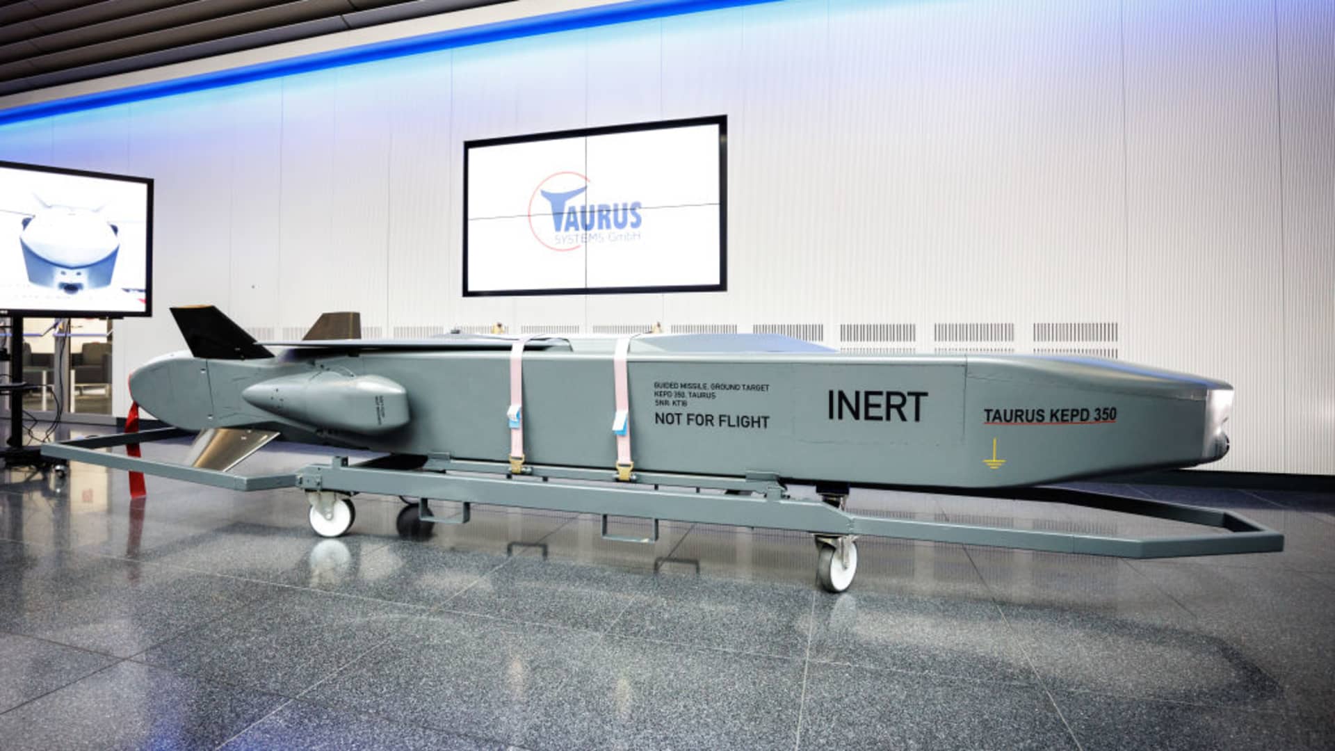 The German-Swedish air-to-ground cruise missile Taurus can be seen in a showroom at the European defense company MBDA.
