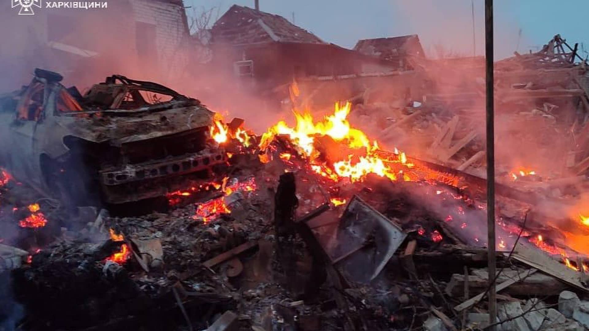 A fire broke out by Russian airstrike in a residential building at the Vovchansk in Kharkiv, Ukraine on March 18, 2024.