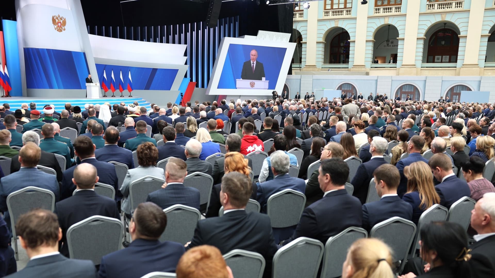 Russian President Vladimir Putin delivering an annual address to the Federal Assembly of the Russian Federation, at Moscow's Gostiny Dvor, in Moscow on Feb. 29, 2024.